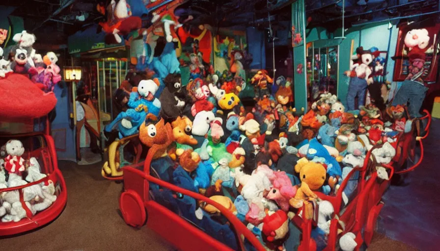 Image similar to 1990s photo of inside the Haunted Beanie Babies ride at Universal Studios in Orlando, Florida, people riding a Beanie Baby through a haunted Stuffed animal world world , cinematic, UHD