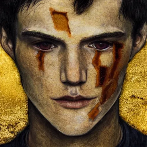 Prompt: a long shot portrait of tall, slender 20 year old man with golden cracks and scars on his arms and chest, standing atop a mountain, sci-fi, digital art, klimt, kintsugi, sharp-jaw, long brown hair, long-arms