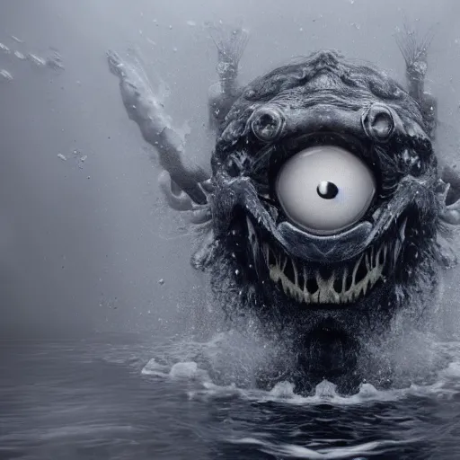 Image similar to sea monster about to eat pov underwater, creeping forward, showing anger, pale skin, dark foggy water, dramatic,'silent hill ', big eyes, terrifying, horrific, non - human, euclid, cinematic