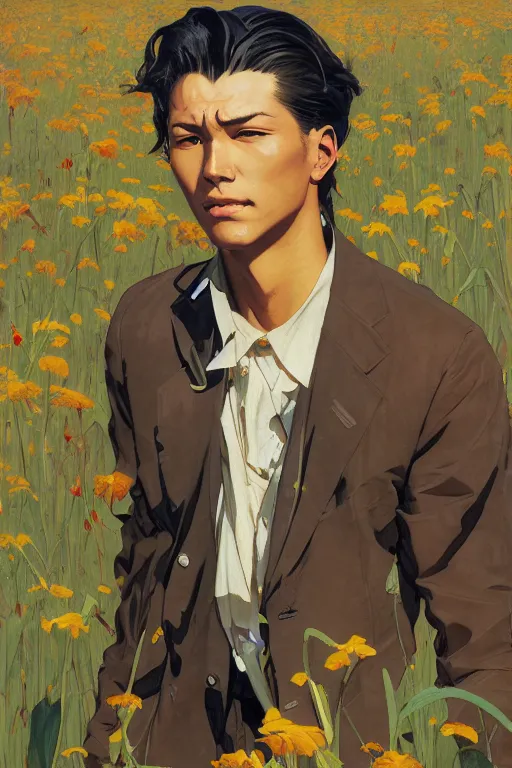 Prompt: attractive young thug in flower field, painting by j. c. leyendecker, yoji shinkawa, katayama bokuyo