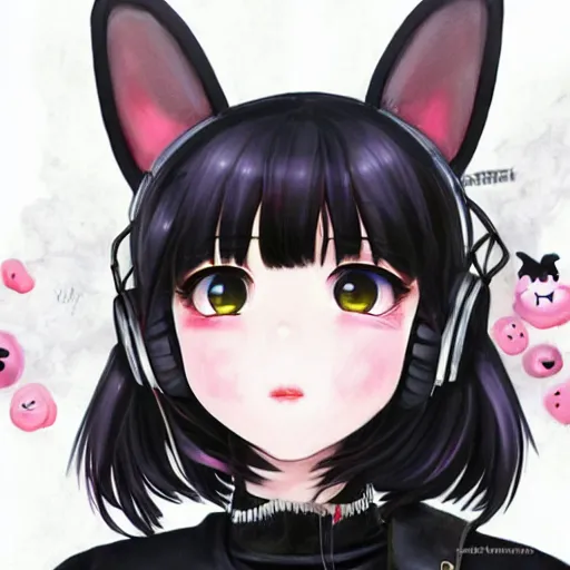 Image similar to realistic beautiful gorgeous buxom natural cute blushed shy girl Blackpink Lalisa Manoban black hair cute fur black cat ears, wearing white camisole, headphones, black leather choker artwork drawn full HD 4K highest quality in artstyle by professional artists WLOP, Taejune Kim, Guweiz, Aztodio on Pixiv Instagram Artstation