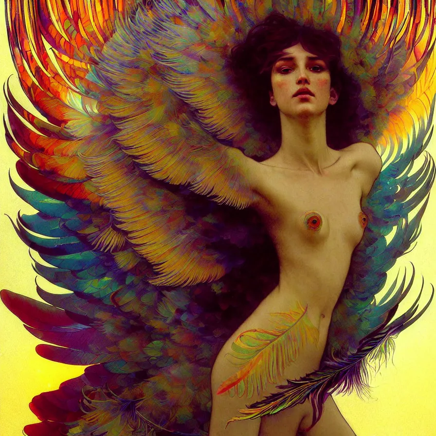 Image similar to face of innocent psychedelic transcendent feather mind bending psychedelic wings of glossy liquid honey flowing like kaleidoscopic translucent holograph, lsd feathers, feathery fluff, enlightenment, high contrast dappled lighting, refracted sunset, highly detailed, concept art, art by collier, albert aublet, krenz cushart, artem demura, alphonse mucha