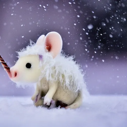 Image similar to unicorn mouse with soft wings searching for food in the snow, macro shot, soft light of winter, award winning photo, national geographic,