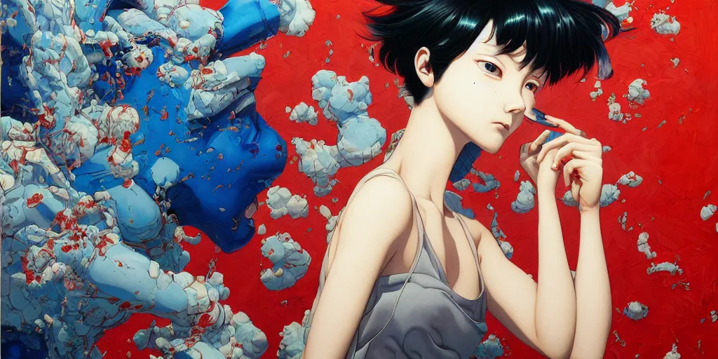 Image similar to perfect blue oil painting art by james jean and katsuhiro otomo and erik jones, inspired by akira anime, smooth face feature, intricate oil painting, high detail illustration, sharp high detail, manga and anime 1 9 9 9