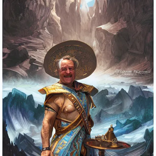 Image similar to robin williams as a sorcerer, in the style of magic the gathering, glacier landscape, d & d, fantasy, intricate, elegant, highly detailed, digital painting, artstation, concept art, matte, sharp focus, illustration, art by artgerm and greg rutkowski and alphonse mucha