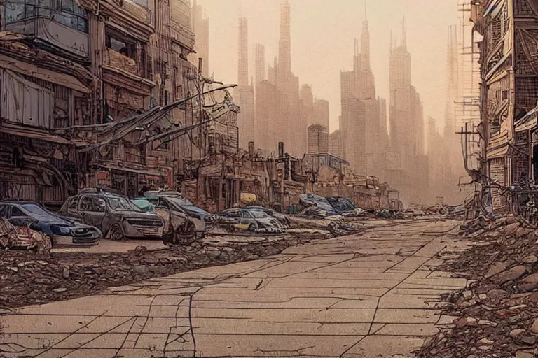Prompt: a post apocalyptic city street, artwork by Moebius