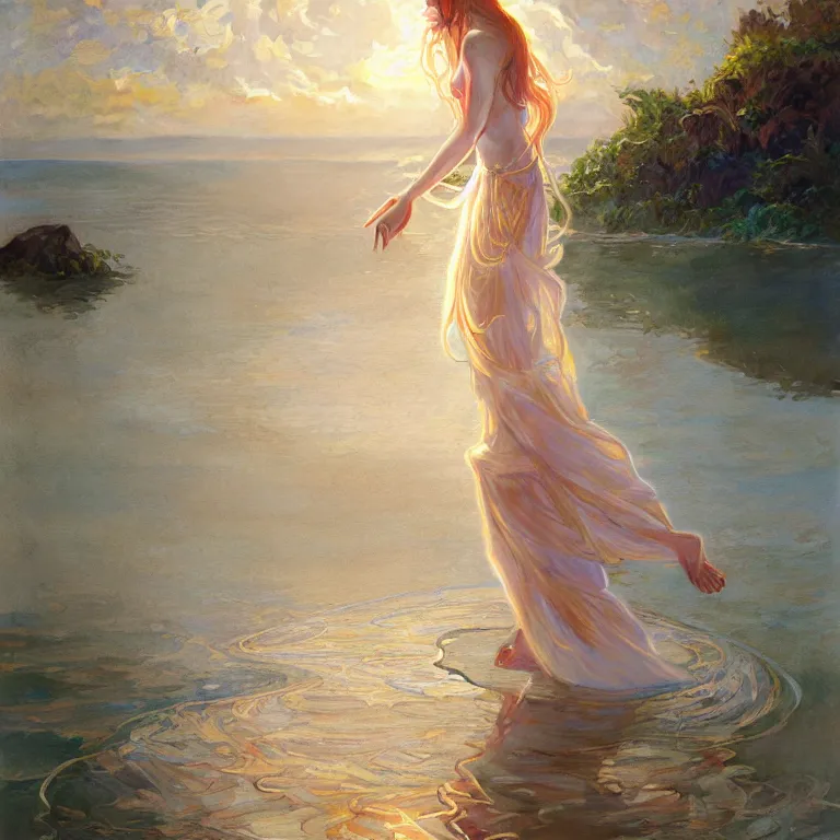 Image similar to highly detailed portrait of a barefoot white skirt girl stand on the water, water surface reflection, the calm sea level, gold filigree, romantic storybook fantasy, soft cinematic lighting, award, disney concept art watercolor illustration by mandy jurgens and alphonse mucha and alena aenami, pastel color palette, featured on artstation