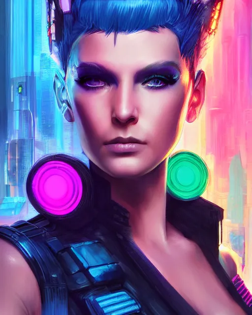 Prompt: a stunning portrait of a cyberpunk queen. she has short neon colored hair and blue eyes. she's a cyberpunk 2 0 7 7 character. digital art by frank frazetta and julie bell, medium shot portrait, highly detailed, trending on artstationhq