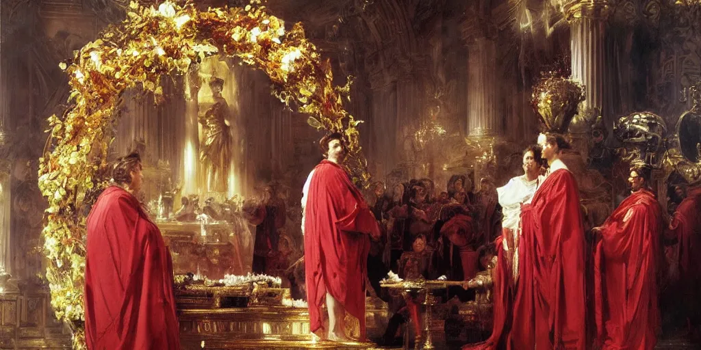 Image similar to beautiful oil painting, steve buscemi in royal crimson robes enthroned as the god emperor of ancient rome a golden wreath upon his head, by anders zorn, wonderful masterpiece by greg rutkowski, beautiful cinematic light, american romanticism, by thomas lawrence, greg rutkowski