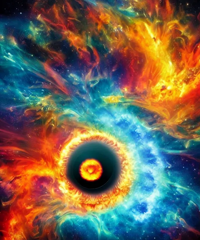 Image similar to black hole, sun, space, bright colors, surreal art, perfect composition, phoenix flames, nebula clouds, soft tones