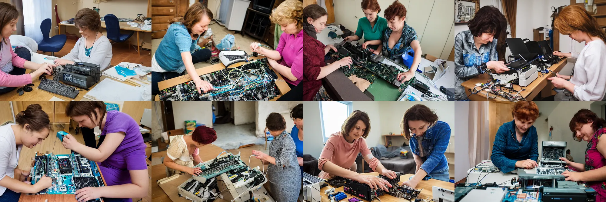 Prompt: two women assembling a comodore 64 computer, Ukraine. photography