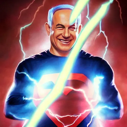 Prompt: portrait of benjamin netanyahu grinning while holding lightning bolts with his hands, superhero art, by artgerm and greg rutkowski