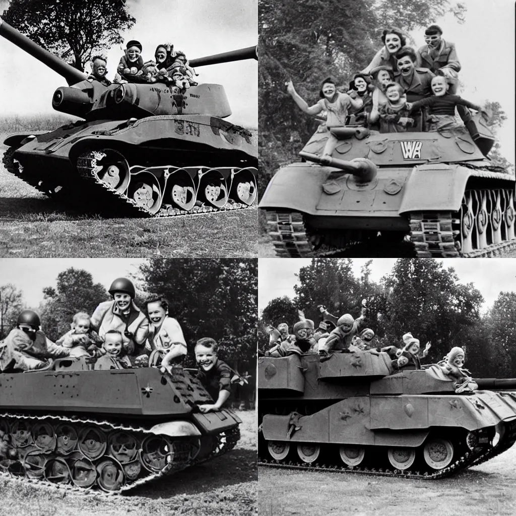 Prompt: a family laughing and joking as they ride a tank over their enemies, world war 2, advertising photo, vintage 1 9 4 0 s