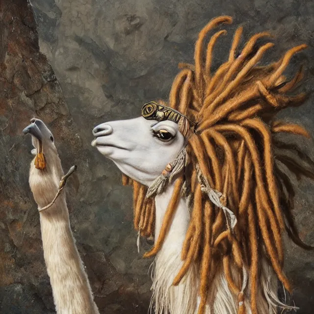 Prompt: llama with dreadlocks, ancient, by mandy jurgens, ernst haeckel, james jean