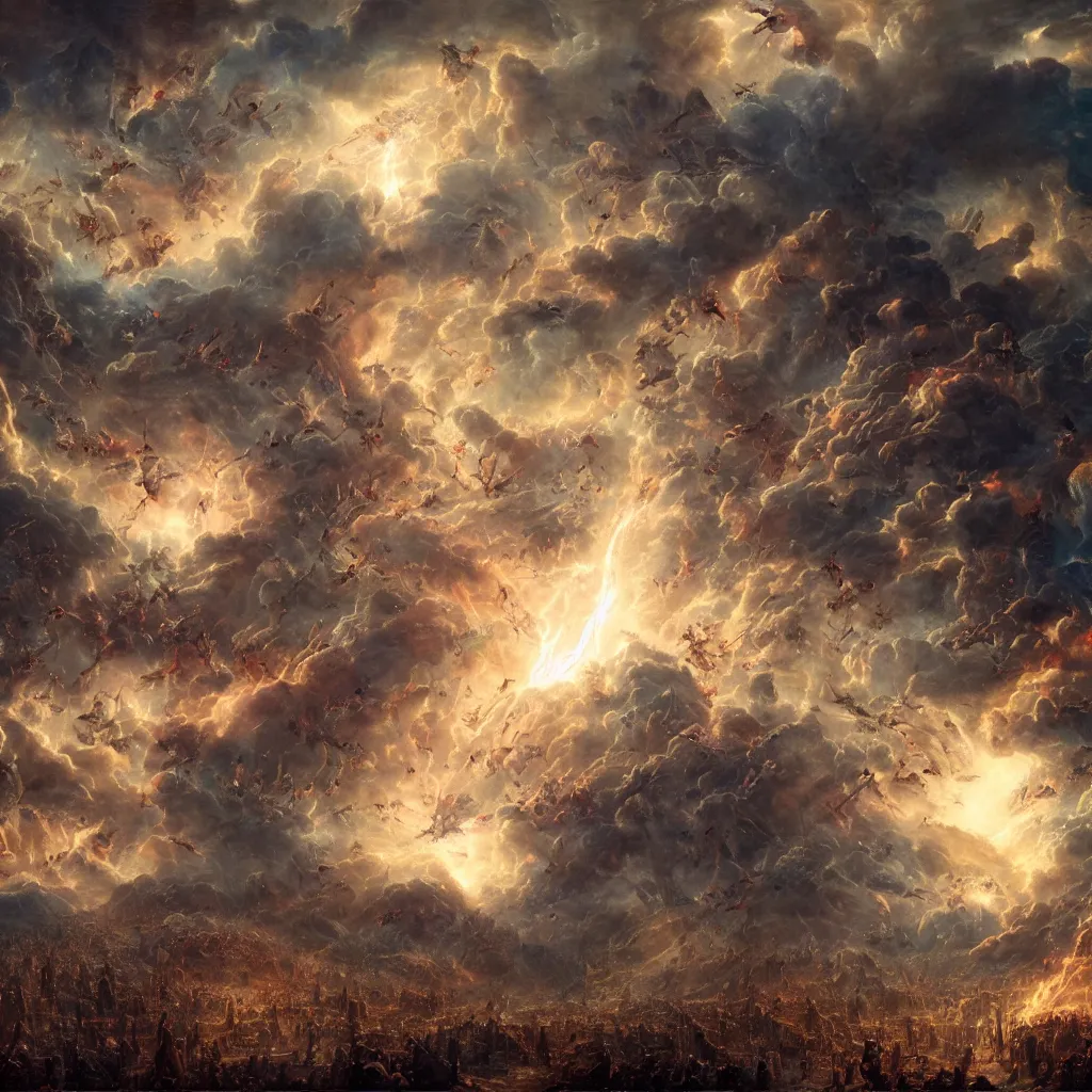 Image similar to hundreds of rebel angels falling from heaven as meterorites, epic lighting, disaster clouds, michael bay, john martin, apocalyptic