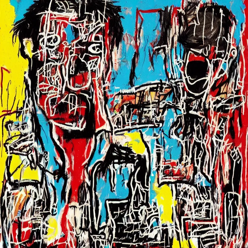 Image similar to A painting of Travis Scott by Jean-Michel Basquiat, detailed, illustration