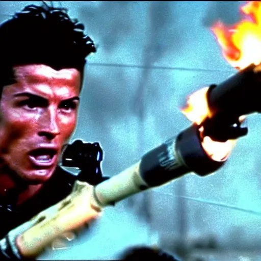 Image similar to movie still of cristiano ronaldo with a flamethrower in the thing (1982), john carpenter, cinematic,