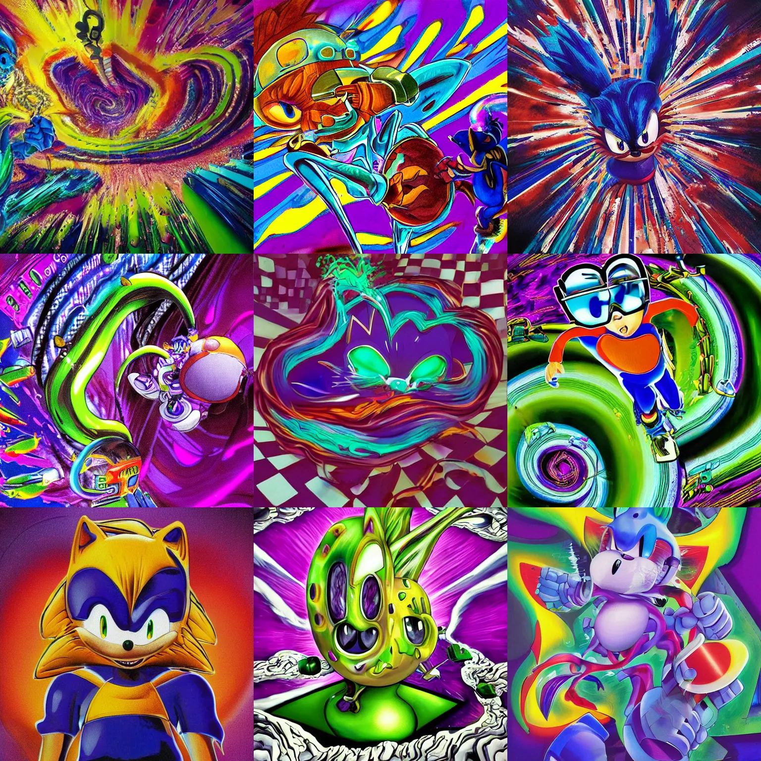 Image similar to surreal, sharp, detailed professional, high quality portrait sonic airbrush art MGMT album cover portrait of a liquid dissolving LSD DMT sonic the hedgehog surfing through cyberspace, purple checkerboard background, 1990s 1992 Sega Genesis video game album cover