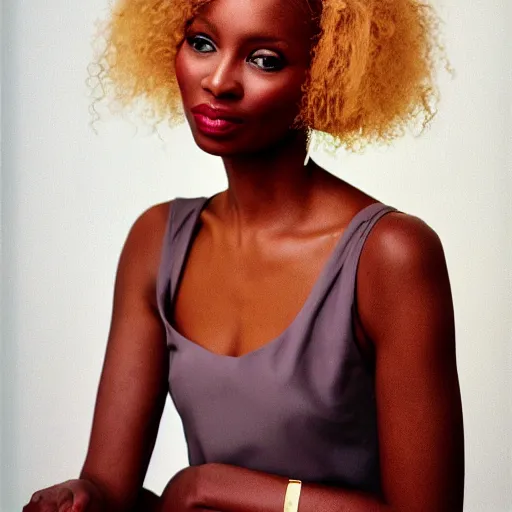 Prompt: realistic photoshooting for a new vogue cover, color film photography, portrait of a beautiful blonde woman, in style of Nadine Ijewere, 35mm