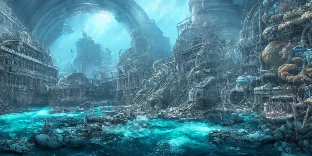 Image similar to ultra realistic underwater city, style epic, insanely detailed, style of, role thomas style ocatne render, artstation trend, epic art style, giovanni paolo panini, cinematic, concept art, 8 k hd