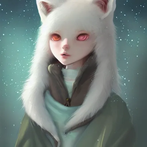 Image similar to aesthetic portrait commission of a albino cute furry anthro winter fox wearing a cute mint colored cozy soft pastel winter outfit with the full moon in the background , soft snowy winter Atmosphere. Character design by charlie bowater, ross tran, artgerm, and makoto shinkai, detailed, inked, western comic book art, 2021 award winning painting
