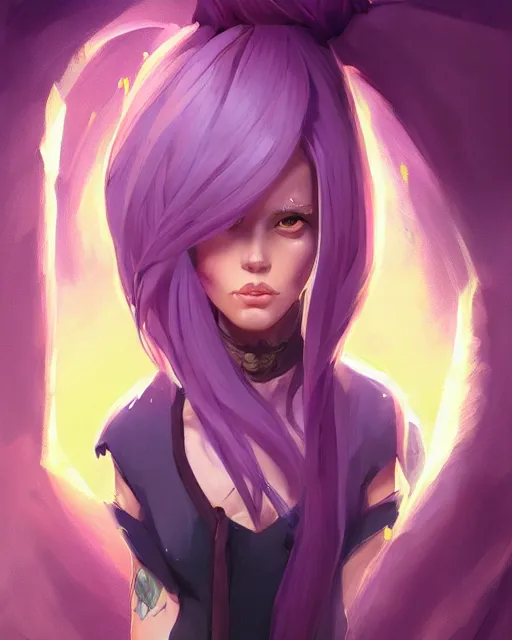 Image similar to beautiful female purple hair tattoo symmetrical face eyes happy full length fantasy art icon, 2d art cover , official fanart behance hd artstation by Jesper Ejsing, by RHADS, Makoto Shinkai and Lois van baarle, ilya kuvshinov, rossdraws