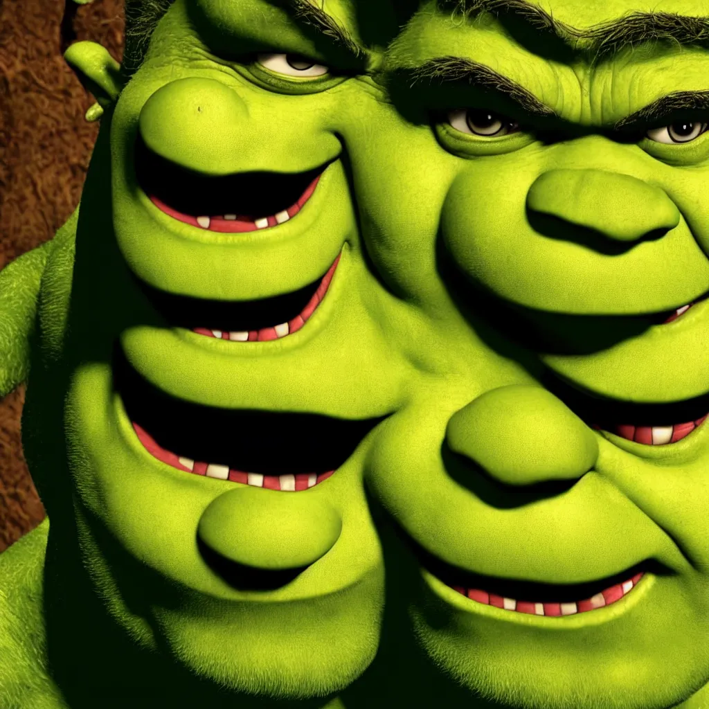 Image similar to a HORRIFYING portrait of shrek. (unsettling and terrifying). bokeh, ultra hd, highly detailed.