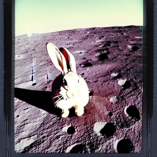 Image similar to wide shot, Polaroid photo of a bunny on the moon, high contrast, 8k, realistic, rich colors