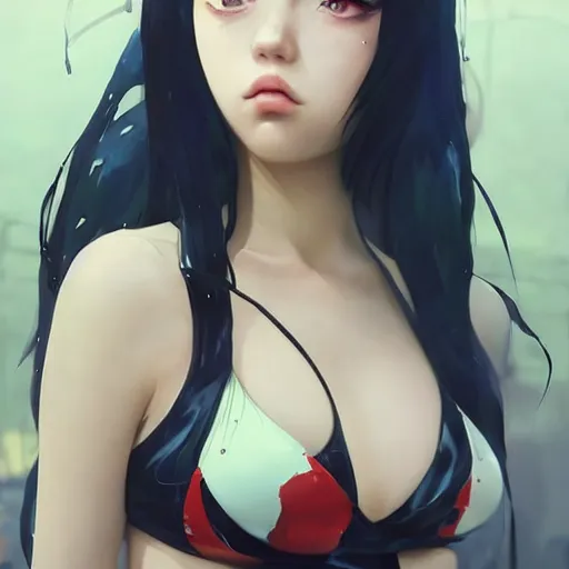 Image similar to a beautiful young japanese billie eilish kat dennings alluring instagram model in elaborate latex bikini tank top made from demons, by guweiz and wlop and ilya kuvshinov and artgerm and makoto shinkai and studio ghibli, symmetrical eyes, aesthetic, gorgeous, stunning, alluring, attractive, artstation, deviantart, pinterest, digital art