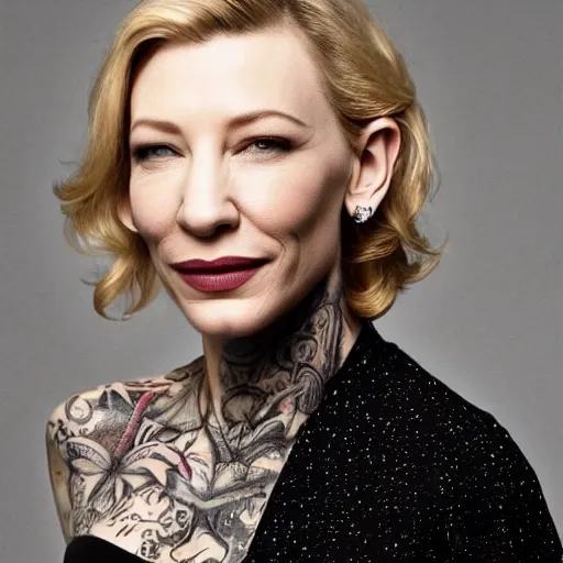 Image similar to full body tattooed cate blanchett, nose ring, 4k