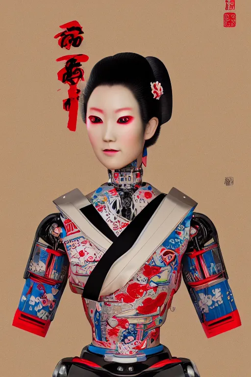 Image similar to full body portrait of a Japanese robot geisha with kanji tattoos and decals wearing a digital pixelated kimono, intricate design, photorealistic, arnold render, raytraced, ultra fine detailed, character design, trending on artstation