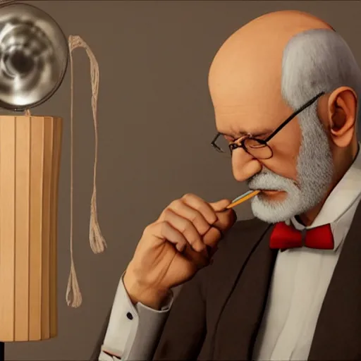 Image similar to Sigmund Freud eating string cheese and listening to a gramophone, PS4 cinematic trailer