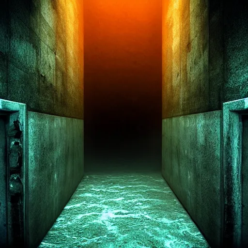 Prompt: trapped in a concrete room with a monster pov underwater, water pouring in, thalassophobia, dark yellowish water, showing anger, pale skin, dark foggy water, dark, dramatic,'silent hill ', terrifying, horror, fear, big eyes, alluring, cinematic