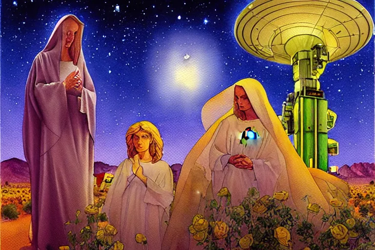 Image similar to a hyperrealist watercolour character concept art portrait of the virgin mary on well lit starry night in las vegas, nevada. a ufo is in the background. roses adorn. by michael kaluta, charles vess and jean moebius giraud