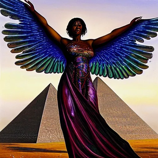 Image similar to isis depicted as a black woman with large iridescent wings in front of a crystal pyramid by Aliza Razell, greg rutkowski, and thomas blackshear, oil on canvas