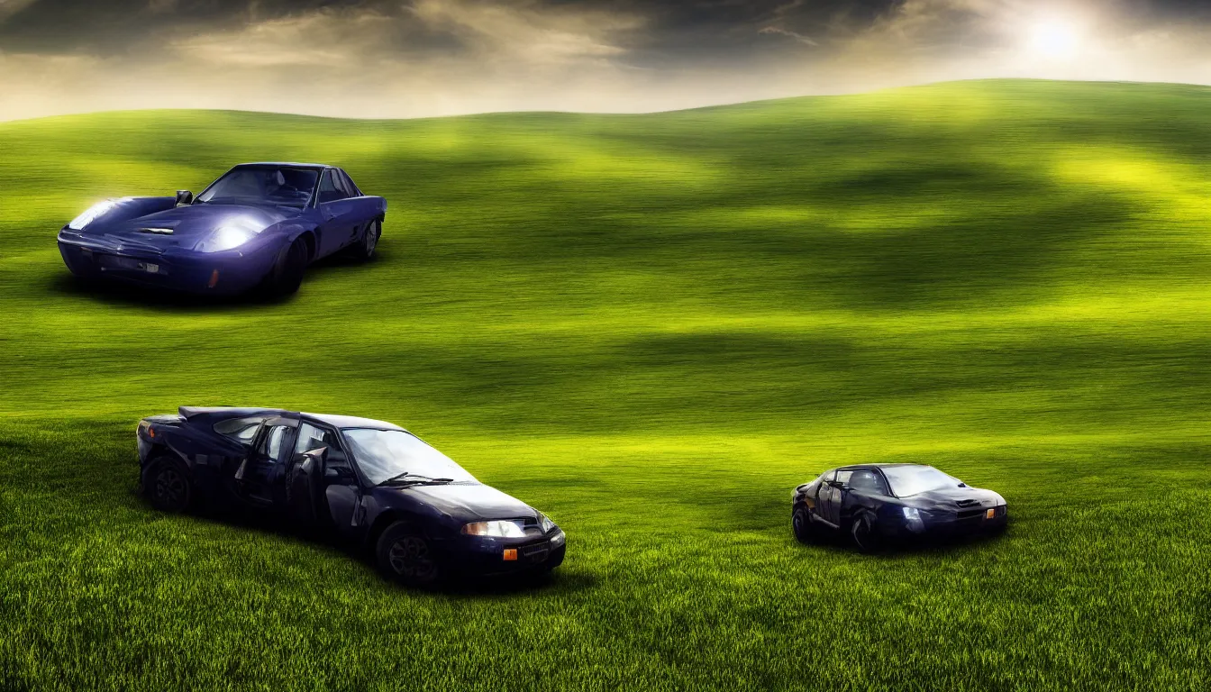 Prompt: Top Gear driving over the hill in the Windows XP desktop wallpaper, trending on artstation