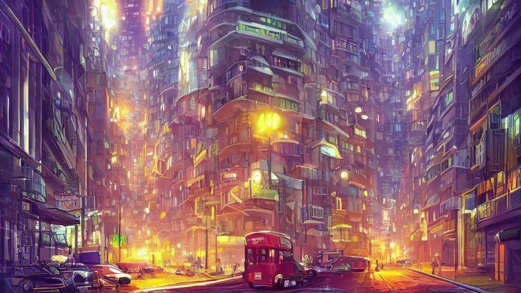 Image similar to street view of futuristic london city at night by cyril rolando and naomi okubo and dan mumford and zaha hadid. advertisements. elegant lamps. double decker bus.