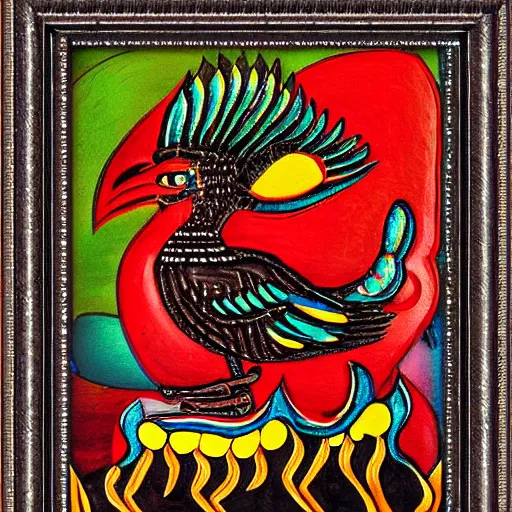 Image similar to a bird rising above the flames, mexican folk art, native american folk art, relief engraving, framed art, simple, mild expressionism, award winning