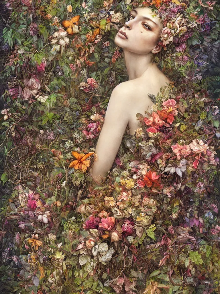 Prompt: a chaotic whirlwind of exotic forest flowers and vines and leaves and a few birds and butterflies, intricate details, aesthetically pleasing and harmonious natural colors, art by marco mazzoni, impressionism, detailed, dark, flowers