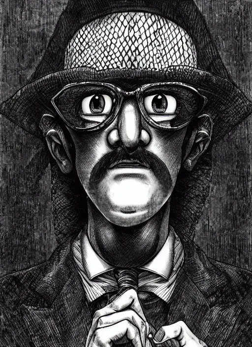 Prompt: portrait of a snake oil salesman by Kentaro Miura, it idn't greasy