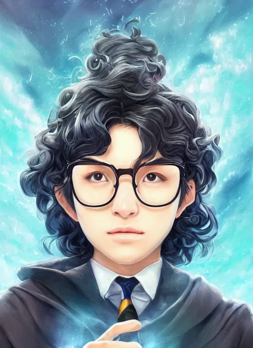 Prompt: close - ip shot, character portrait, a seventeen years old ravenclaw wizard with black curly hair, wearing glasses!!! with a mandrake!!!, blue shiny lighting, beautiful fantasy art by by artgerm and hayao miyazaki, trending on artstation