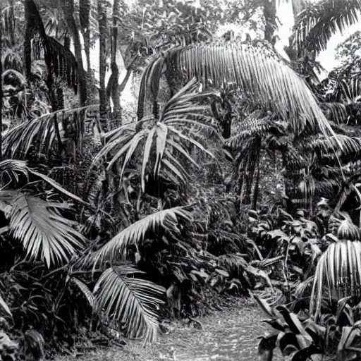 Prompt: a rizom lost film footage of a complex volume in the middle of the tropical jungle / tropicalism / tropicalism / tropicalism / film still / cinematic / enhanced / 1 9 2 0 s / black and white / grain