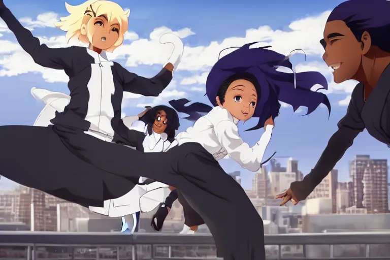 Prompt: a cute young black female ninja nurse wearing a diamond white coat is attacking an old man on a harlem rooftop, lighting, anime scenery by Makoto shinkai