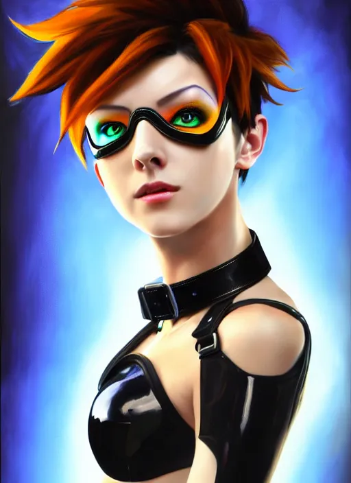 Image similar to oil painting digital artwork of tracer overwatch, confident pose, wearing black iridescent rainbow latex, 4 k, expressive happy smug expression, makeup, in style of mark arian, wearing leather collar, wearing sleek full body armor, black leather harness, expressive detailed face and eyes,