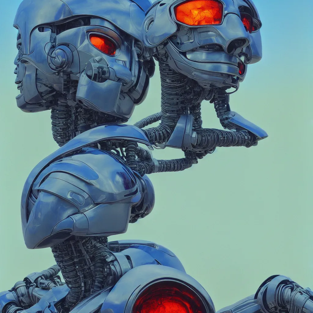 Image similar to portrait of a futuristic robot terminator in the style of Moebius + maxfield parrish + Thomas Ehretsmann, nice colors, hyper-realistic, intrincate, detailed, 8k, goauche painting, bright colors