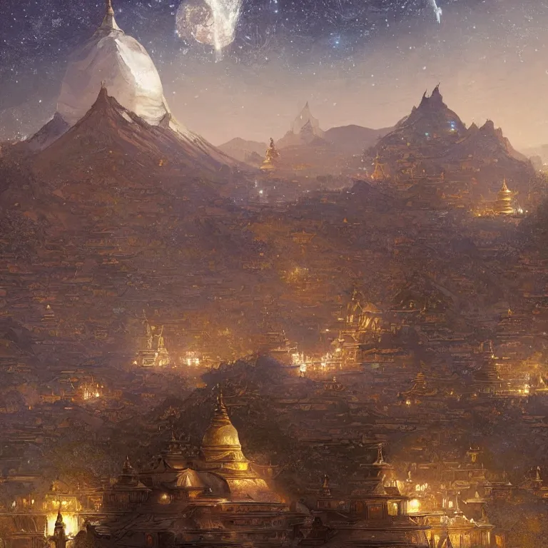 Image similar to a beautiful painting of the view from the river of the domes and towers of the ancient tibetan carved stone city, under the night sky with stars, intricate, elegant, highly detailed, digital painting, artstation, concept art, by krenz cushart and artem demura and alphonse mucha