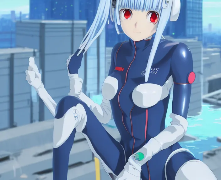 Image similar to anime art, fullbody shot of female rei ayanami, evangelion, long blue hair and large eyes, finely detailed perfect face, in a pale skintight plugsuit, sitting on rooftop, flooded city, trending on pixiv fanbox, by ilya kuvshinov, sola digital arts,, raytracing