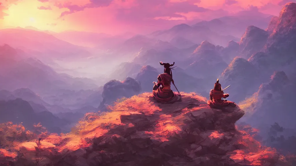 Image similar to samurai resting on a mountain top, cool dawn sky, by sylvain sarrailh, rossdraws, ambient light, ultra detailed, fantasy artwork, 8 k, volumetric lighting, trending on artstation, award winning, very beautiful.