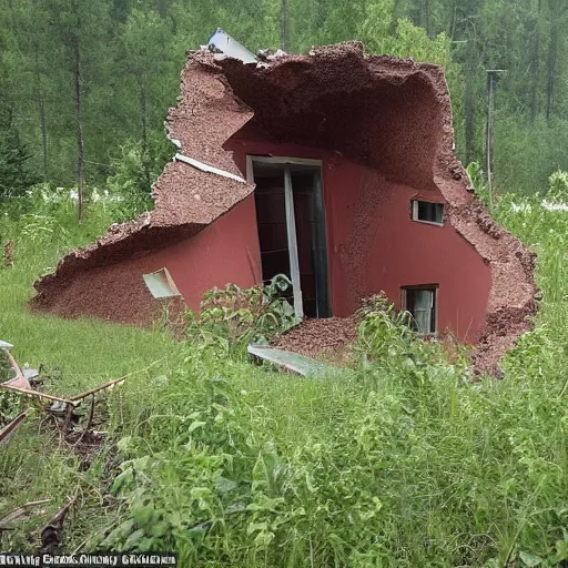 Image similar to a large funnel formed on the territory of an old village house in Russia as a result of a rocket hit where people gathered to photograph it