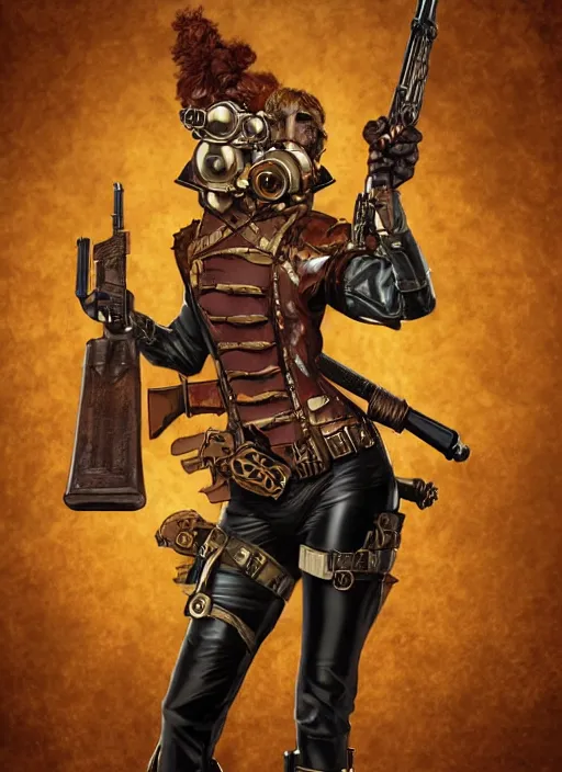 Prompt: 8K, realistic ginger Lady Mechanika as a Marvel comic book character holding a shotgun and wearing victorian goggles in a ultradetailed Steampunk scenary, 8k render, zbrush, D&D style, smooth, sharp focus, illustration. Art by Artgerm and Pete Tapang and Kago Shintaro. Trending on artstation, featured in Deviantart, detailed, intricate, cinematic lighting,